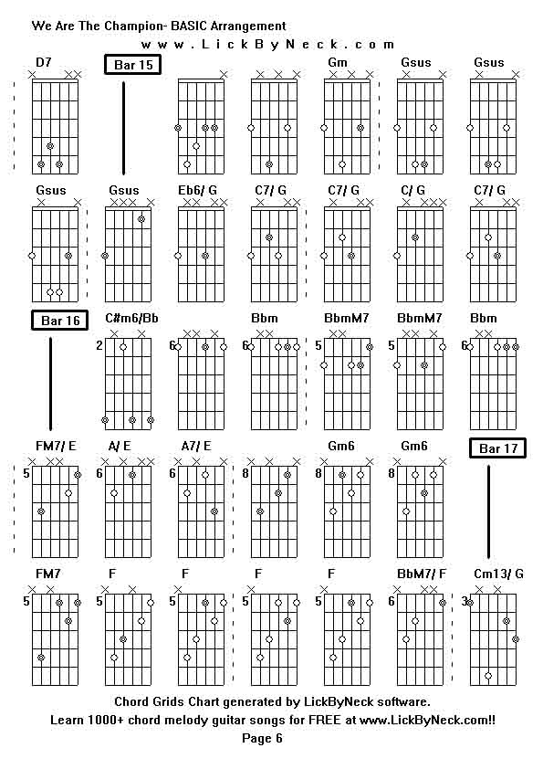 Chord Grids Chart of chord melody fingerstyle guitar song-We Are The Champion- BASIC Arrangement,generated by LickByNeck software.